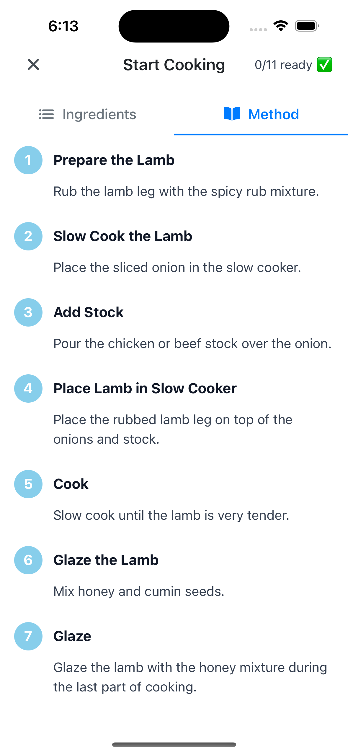 Cooking mode with steps